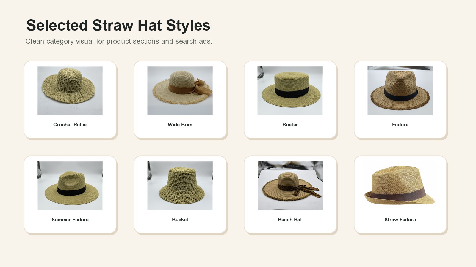 Selected straw hat styles for wholesale and private-label buyers